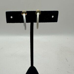 Lewis Segal Gold Clip-On Hoop Earrings White Enamel Accent Vintage Style
